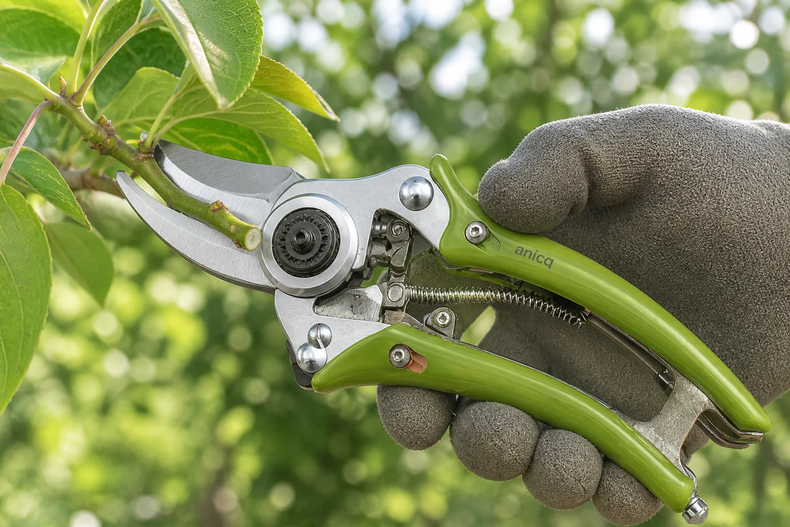 anicq Gartenschere schneidet einen frischen Obstbaumtrieb