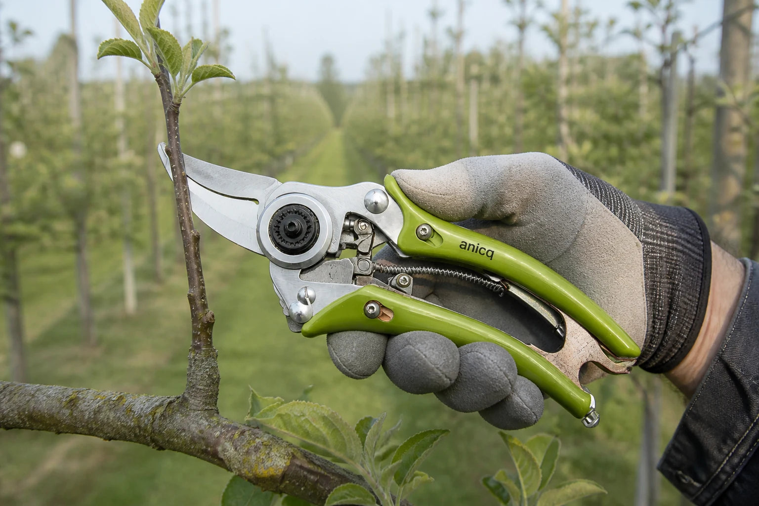 anicq Gartenschere beim Schnitt eines jungen Obstbaumtriebs