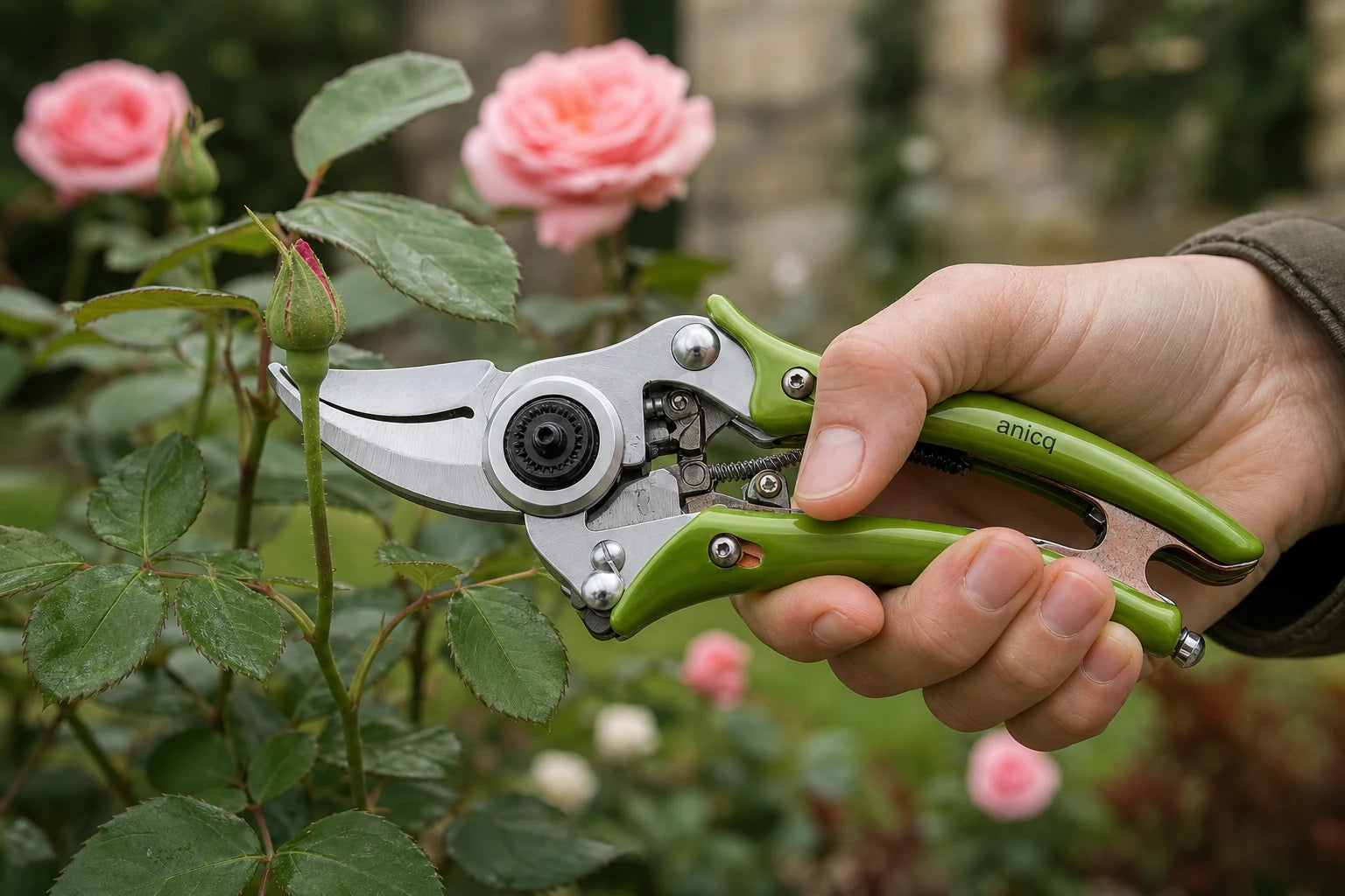 anicq Gartenschere beim präzisen Rosenschnitt