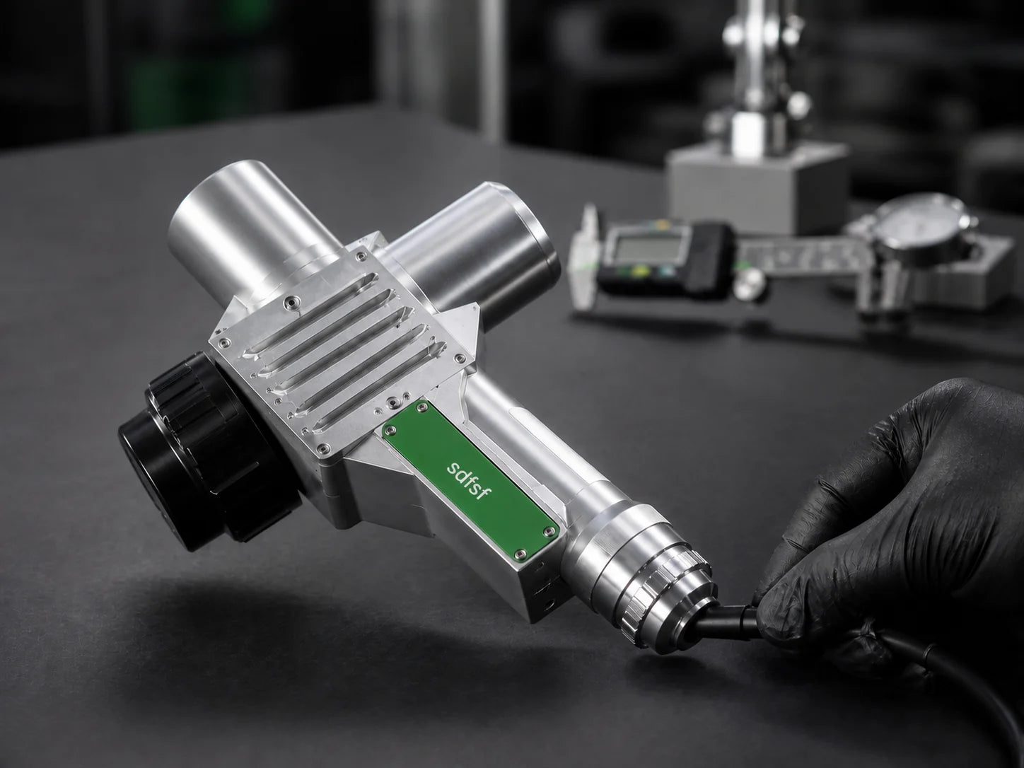 Nahaufnahme des sdfsf Handgeräts mit Metallgehäuse und Kabel