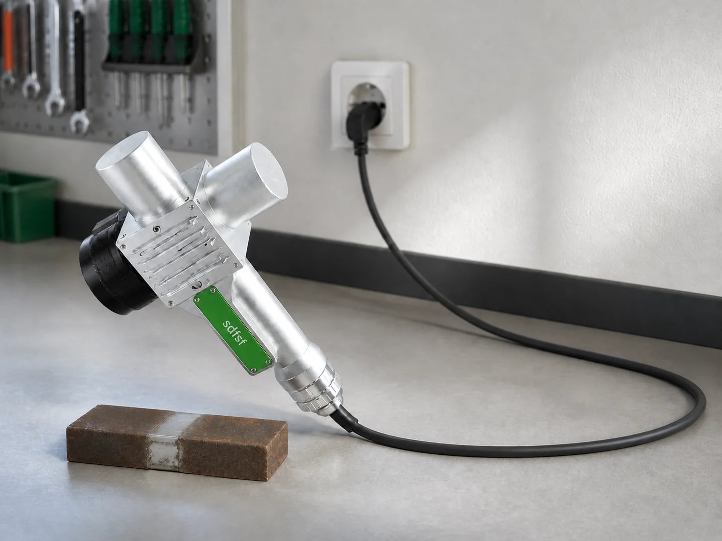 sdfsf Handgerät mit Kabel und Netzanschluss auf einer Werkbank