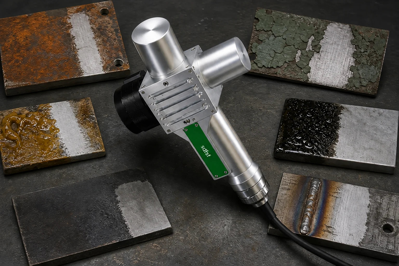 sdfsf Handgerät neben verschiedenen Metallproben mit sichtbaren Bearbeitungsbereichen